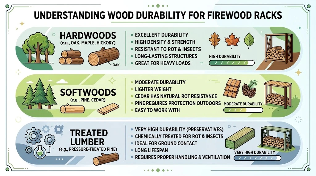 Infographic comparing wood durability for firewood racks across Hardwoods, Softwoods, and Treated Lumber.