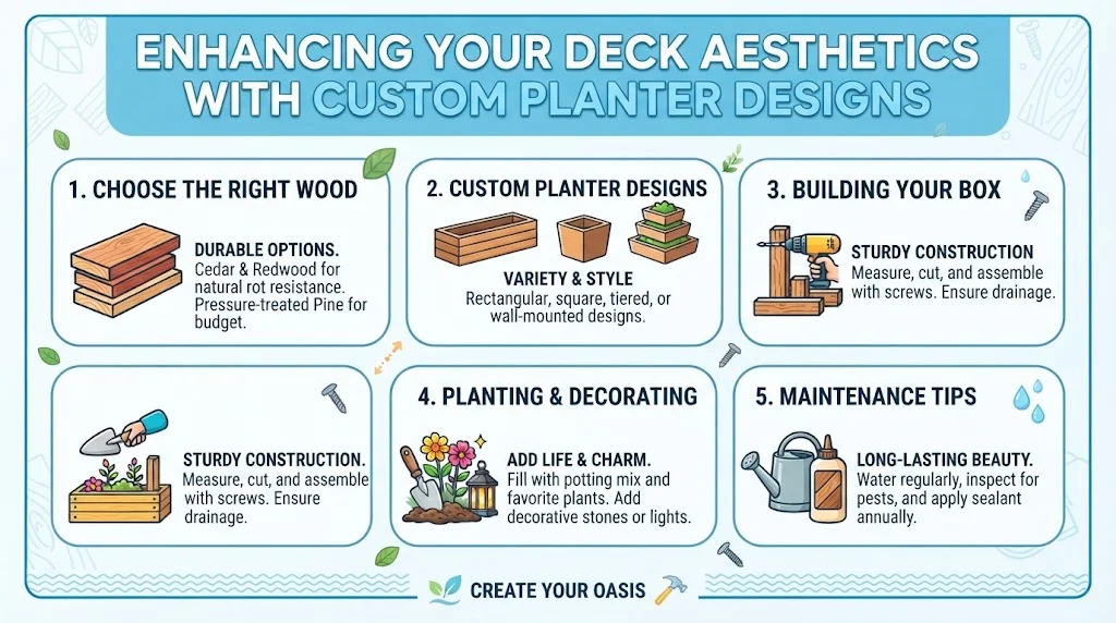 Infographic illustrating custom planter designs to enhance deck aesthetics, covering wood selection, planter styles, box construction, planting, and maintenance tips.