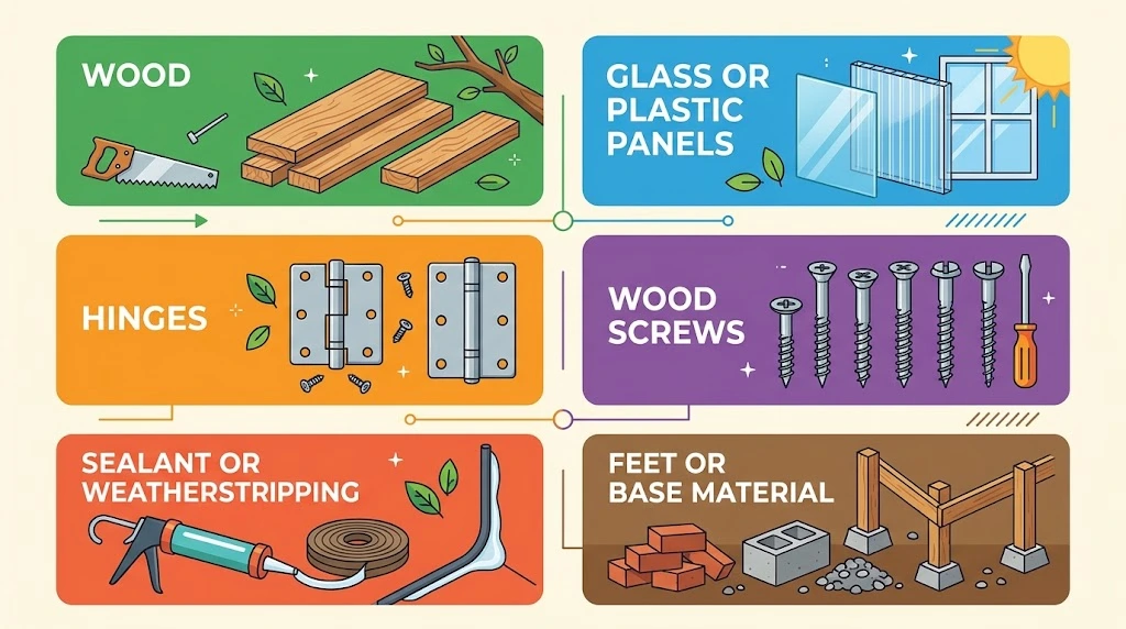 An infographic displaying six essential materials for a cold frame greenhouse: wood, glass or plastic panels, hinges, wood screws, sealant or weatherstripping, and feet or base material.