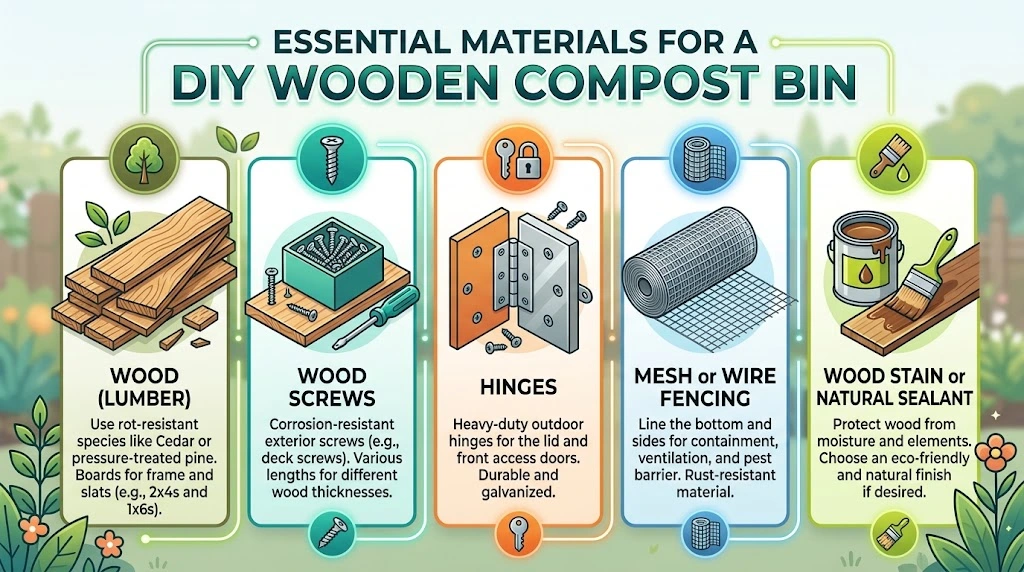 Infographic detailing the essential materials needed to build a DIY wooden compost bin, including rot-resistant wood, wood screws, hinges, wire mesh, and sealant.