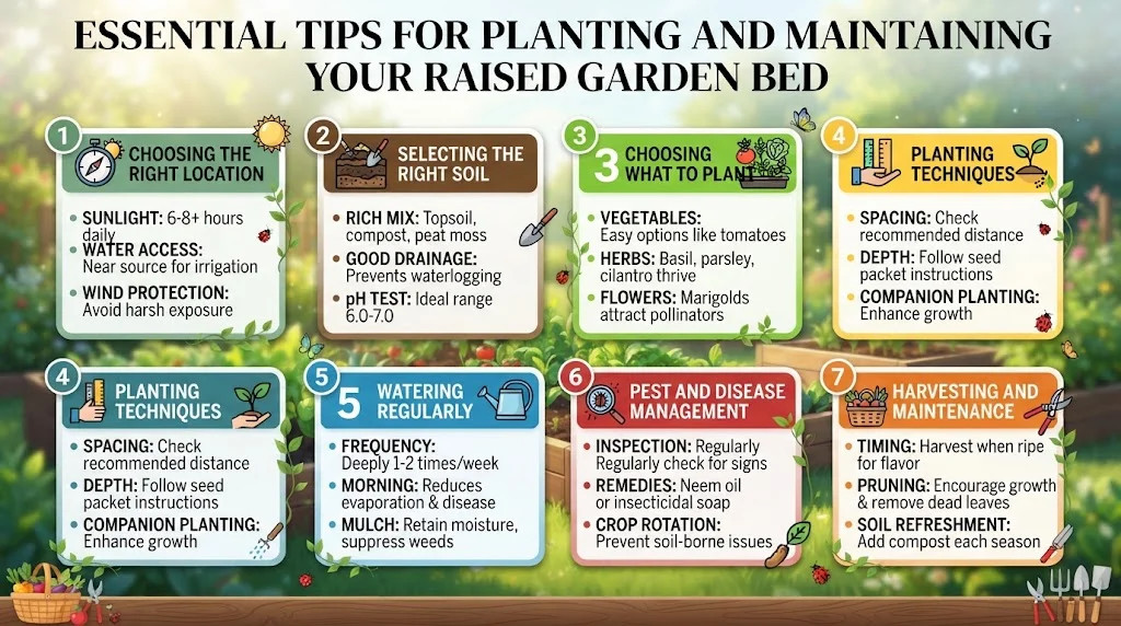 Infographic detailing essential tips for planting and maintaining raised garden beds, from location selection to harvesting.