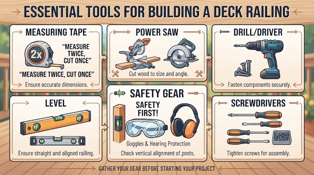 An infographic titled 'Essential Tools for Building a Deck Railing' displaying illustrations of a measuring tape, power saw, drill, level, post level, screwdrivers, and safety gear, each with a brief description of its purpose.