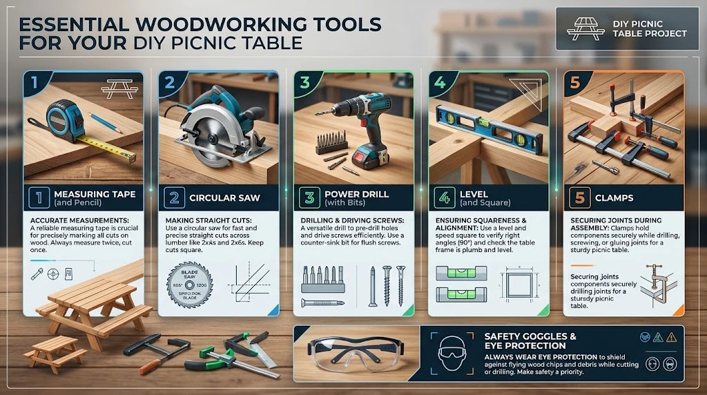 An infographic displaying essential woodworking tools for a DIY picnic table project, including a measuring tape, circular saw, power drill, level, clamps, and safety goggles.