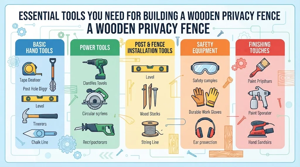 An infographic titled 'ESSENTIAL TOOLS YOU NEED FOR BUILDING A WOODEN PRIVACY FENCE' organized into five categories: Basic Hand Tools, Power Tools, Post & Fence Installation Tools, Safety Equipment, and Finishing Touches, each with illustrations of the relevant tools