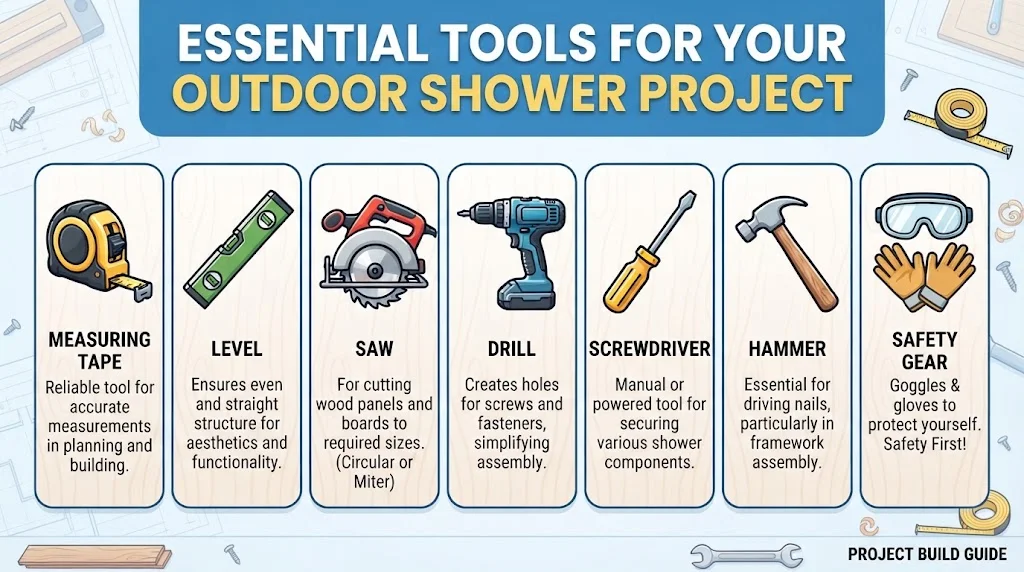 Infographic illustrating the essential tools needed for an outdoor shower project, including a measuring tape, level, saw, drill, screwdriver, hammer, and safety gear.