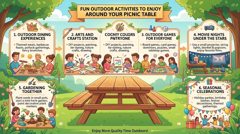 An infographic in a 16:9 ratio centered around a wooden picnic table, detailing six fun outdoor activities: Outdoor Dining Experiences, Arts and Crafts Station, Outdoor Games for Everyone, Movie Nights Under the Stars, Gardening Together, and Seasonal Celebrations.
