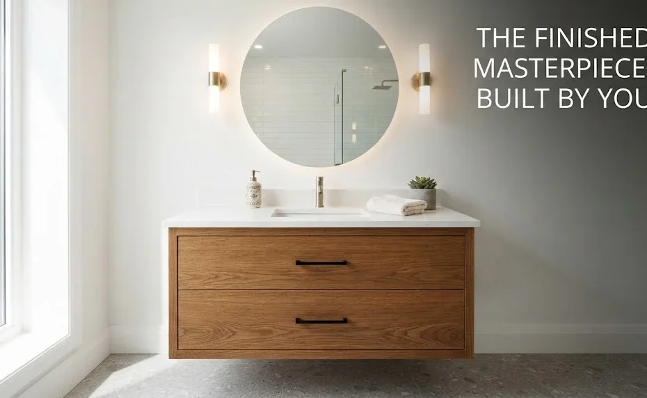 A modern, floating wooden vanity cabinet installed in a bright bathroom with a sleek white countertop, round backlit mirror, and minimalist black hardware.