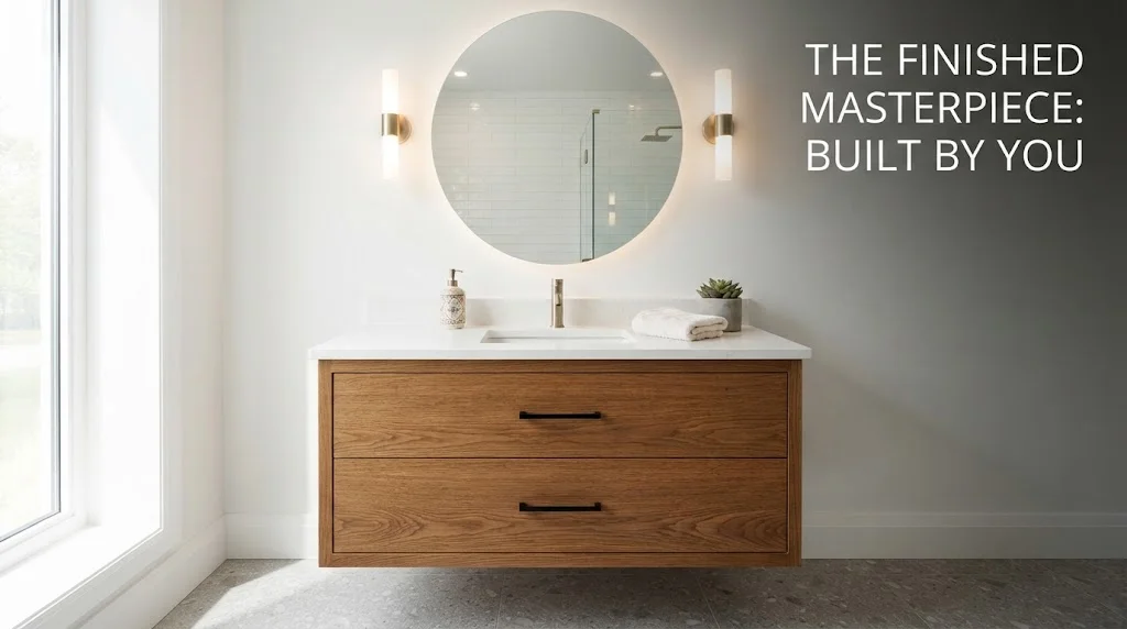 A modern, floating wooden vanity cabinet installed in a bright bathroom with a sleek white countertop, round backlit mirror, and minimalist black hardware.