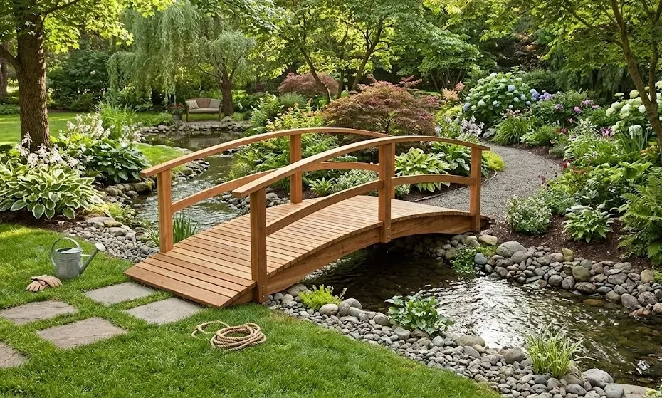 A classic wooden arched bridge built over a gentle garden stream, leading toward a stone pathway and surrounding flowers.