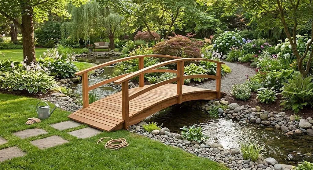 A classic wooden arched bridge built over a gentle garden stream, leading toward a stone pathway and surrounding flowers.