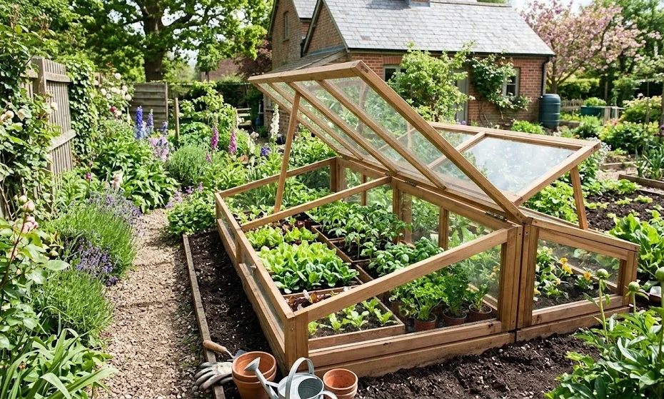 A wooden cold frame greenhouse in a lush garden filled with green seedlings.