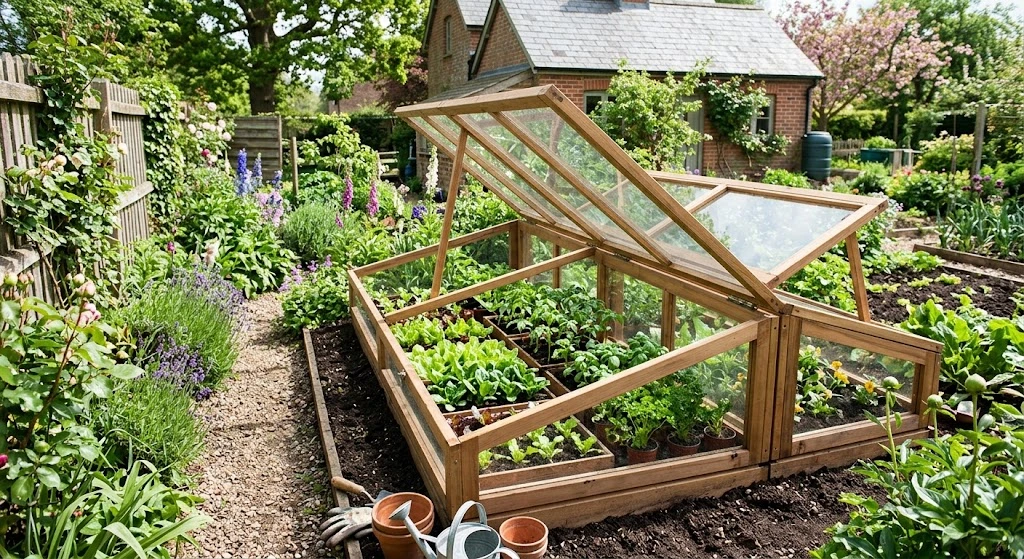 A wooden cold frame greenhouse in a lush garden filled with green seedlings.