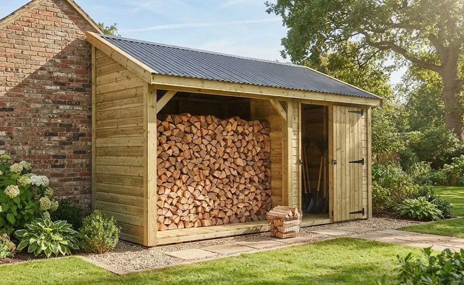 A newly built wooden lean-to shed filled with neatly stacked firewood outdoors.