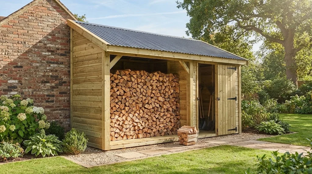 A newly built wooden lean-to shed filled with neatly stacked firewood outdoors.