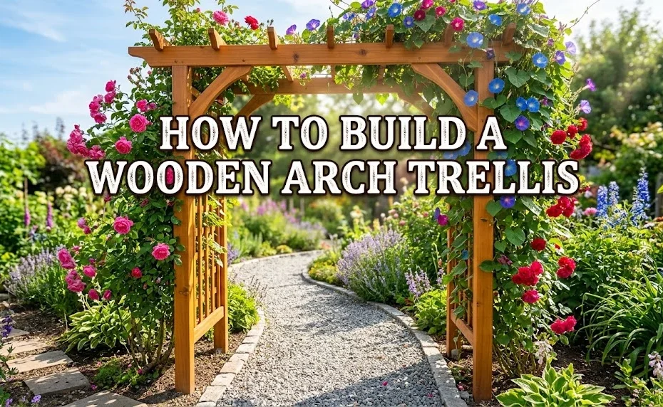 A beautifully finished wooden arch trellis over a gravel garden pathway, covered with lush green vines, vibrant pink roses, and blue morning glory flowers, with bold text overlay reading "HOW TO BUILD A WOODEN ARCH TRELLIS".