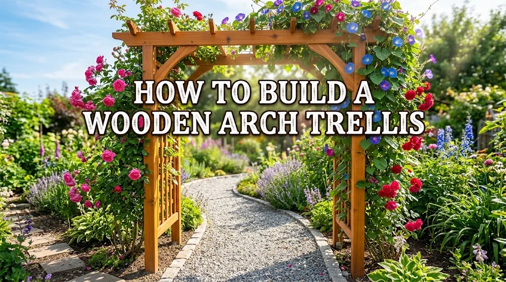 A beautifully finished wooden arch trellis over a gravel garden pathway, covered with lush green vines, vibrant pink roses, and blue morning glory flowers, with bold text overlay reading "HOW TO BUILD A WOODEN ARCH TRELLIS".