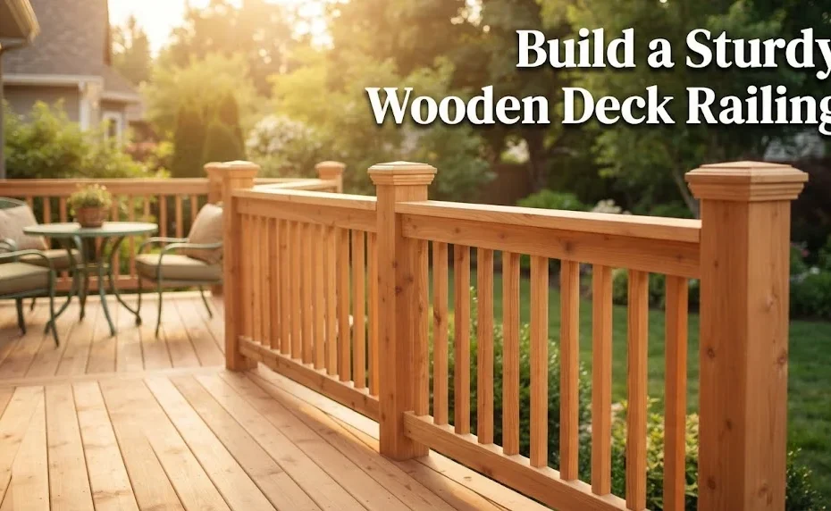 A sunlit wooden deck and railing with a table and chairs in the background, featuring the text overlay 'Build a Sturdy Wooden Deck Railing'.