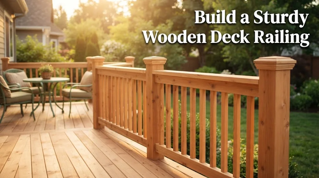 A sunlit wooden deck and railing with a table and chairs in the background, featuring the text overlay 'Build a Sturdy Wooden Deck Railing'.