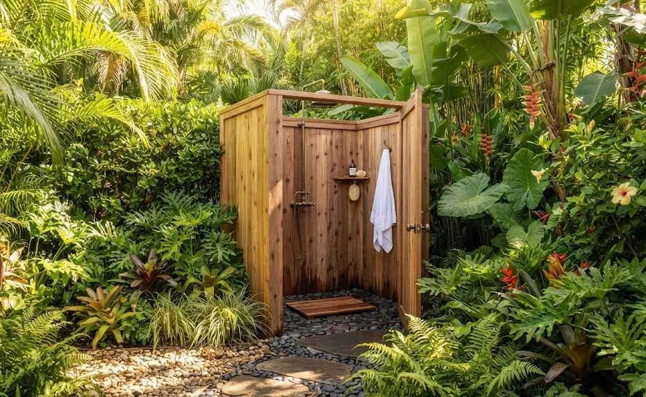 A cedar wood outdoor shower enclosure stands centered in a lush, sunlit tropical garden filled with palm fronds, ferns, and flowering plants. A white towel hangs inside the stall, and a pebble path leads up to the entrance.