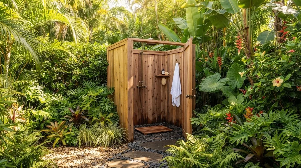 A cedar wood outdoor shower enclosure stands centered in a lush, sunlit tropical garden filled with palm fronds, ferns, and flowering plants. A white towel hangs inside the stall, and a pebble path leads up to the entrance.