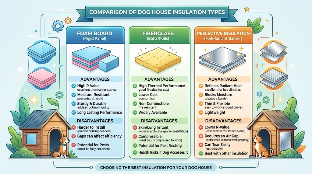 An infographic comparing three dog house insulation types—Foam Board, Fiberglass, and Reflective Insulation—listing advantages and disadvantages for each.