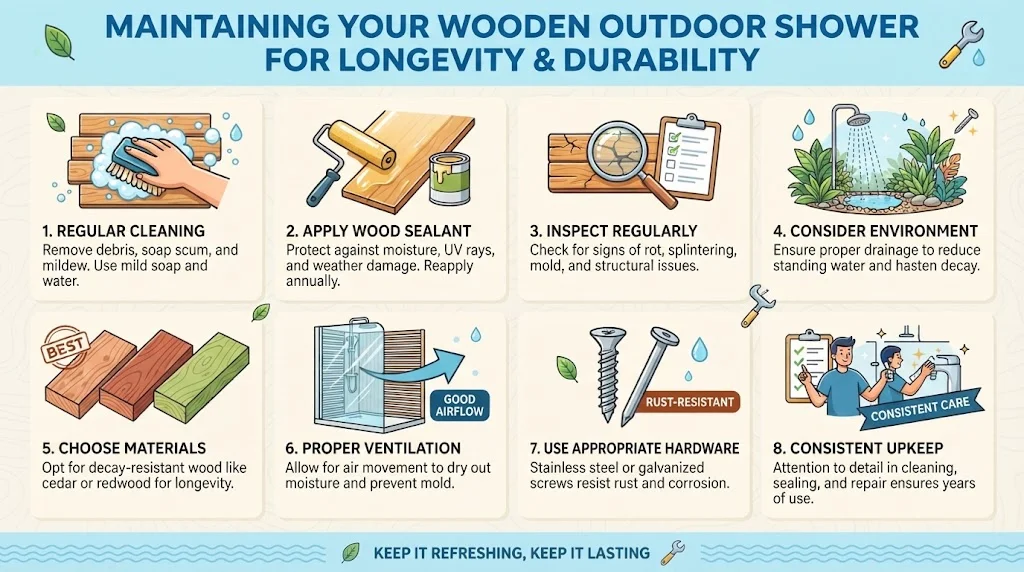 Infographic outlining tips for maintaining a wooden outdoor shower for longevity and durability, including regular cleaning, wood sealing, inspections, proper ventilation, and using rust-resistant hardware.