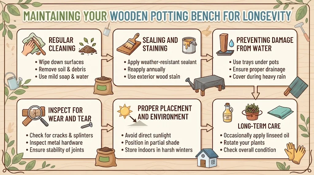 A horizontal infographic titled "MAINTAINING YOUR WOODEN POTTING BENCH FOR LONGEVITY" with six distinct panels. Each panel features an icon, a title, and bulleted maintenance tips
