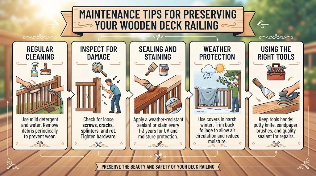 An illustrated infographic titled "Maintenance Tips for Preserving Your Wooden Deck Railing" with five vertical panels detailing Cleaning, Inspection, Sealing and Staining, Weather Protection, and Using the Right Tools.