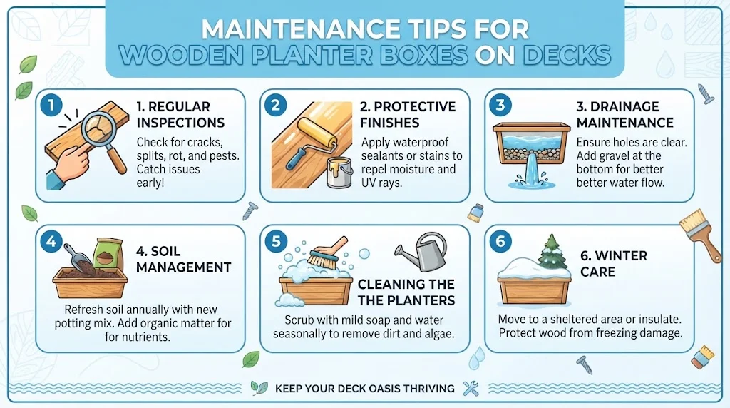 Infographic titled "MAINTENANCE TIPS FOR WOODEN PLANTER BOXES ON DECKS" with six numbered steps[cite: 10]: Regular Inspections, Protective Finishes, Drainage Maintenance, Soil Management, Cleaning the Planters, and Winter Care[cite: 10]. Each tip has a descriptive icon and text.