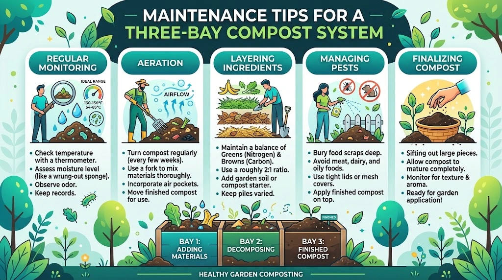 Infographic outlining maintenance tips for a three-bay compost system, including regular monitoring, aeration, ingredient layering, pest management, and finalizing compost.
