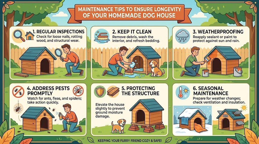 A six-panel infographic in a 16:9 ratio, illustrating six main maintenance tips to ensure the longevity of a homemade dog house, using illustrated characters and clear text instructions.
