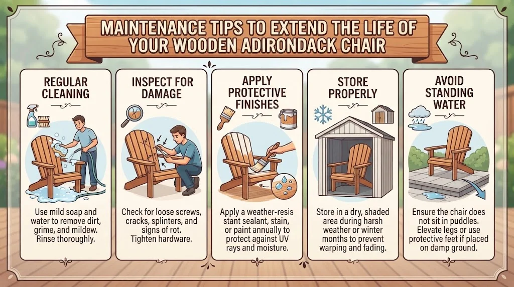 An illustrated infographic titled "Maintenance Tips to Extend the Life of Your Wooden Adirondack Chair" with five vertical panels detailing cleaning, inspection, applying finishes, proper storage, and avoiding standing water.