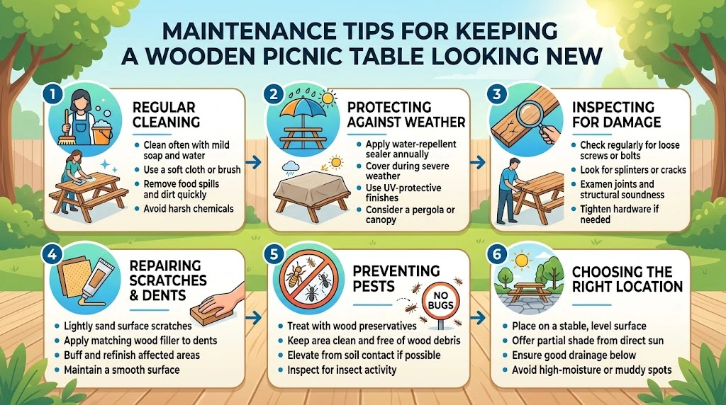An infographic outlining six maintenance tips for a wooden picnic table, covering regular cleaning, weather protection, damage inspection, scratch repair, pest prevention, and location choice.