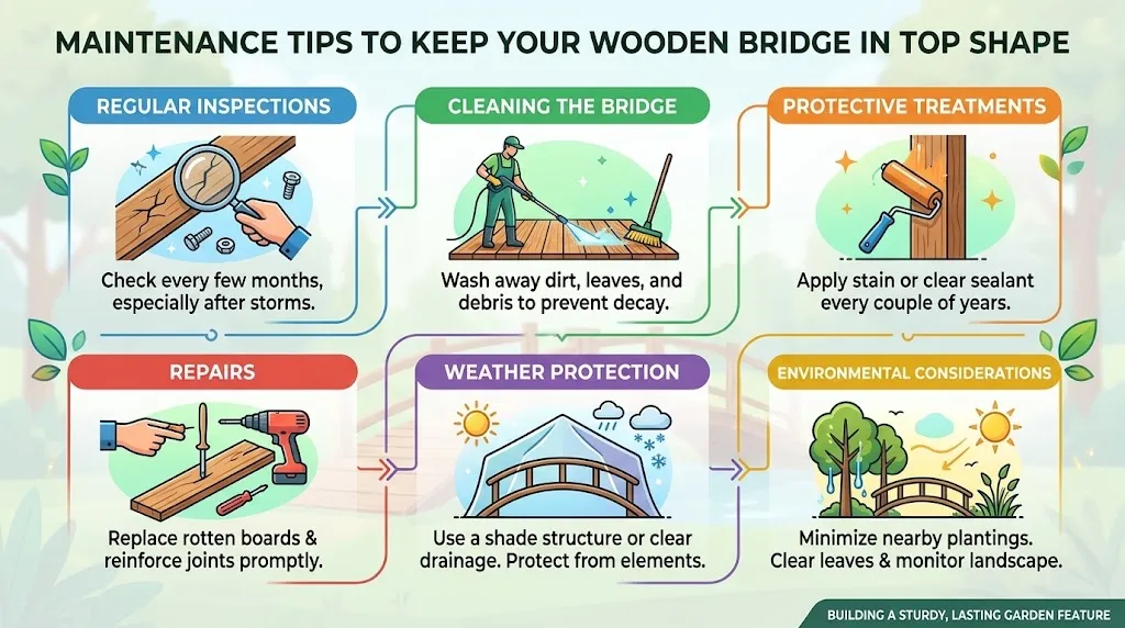 An infographic outlining six maintenance tips for a wooden bridge: regular inspections, cleaning, protective treatments, repairs, weather protection, and environmental considerations.