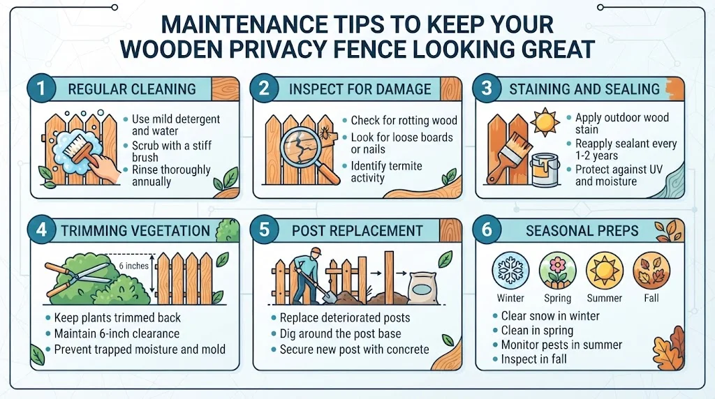 An infographic titled 'MAINTENANCE TIPS TO KEEP YOUR WOODEN PRIVACY FENCE LOOKING GREAT' organized into six numbered steps: Regular Cleaning, Inspect for Damage, Staining and Sealing, Trimming Vegetation, Post Replacement, and Seasonal Preps, each with descriptive bullet points and illustrative icons.