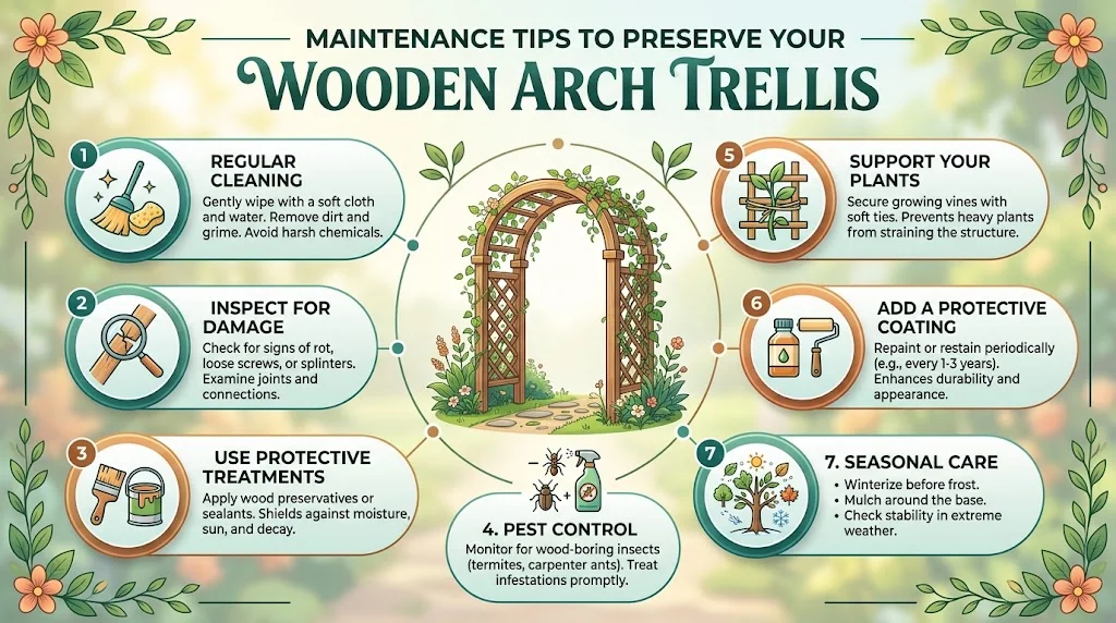 An infographic titled "Maintenance Tips to Preserve Your Wooden Arch Trellis" featuring a central wooden garden arch surrounded by seven numbered tips: Regular Cleaning, Inspect for Damage, Use Protective Treatments, Pest Control, Support Your Plants, Add a Protective Coating, and Seasonal Care.