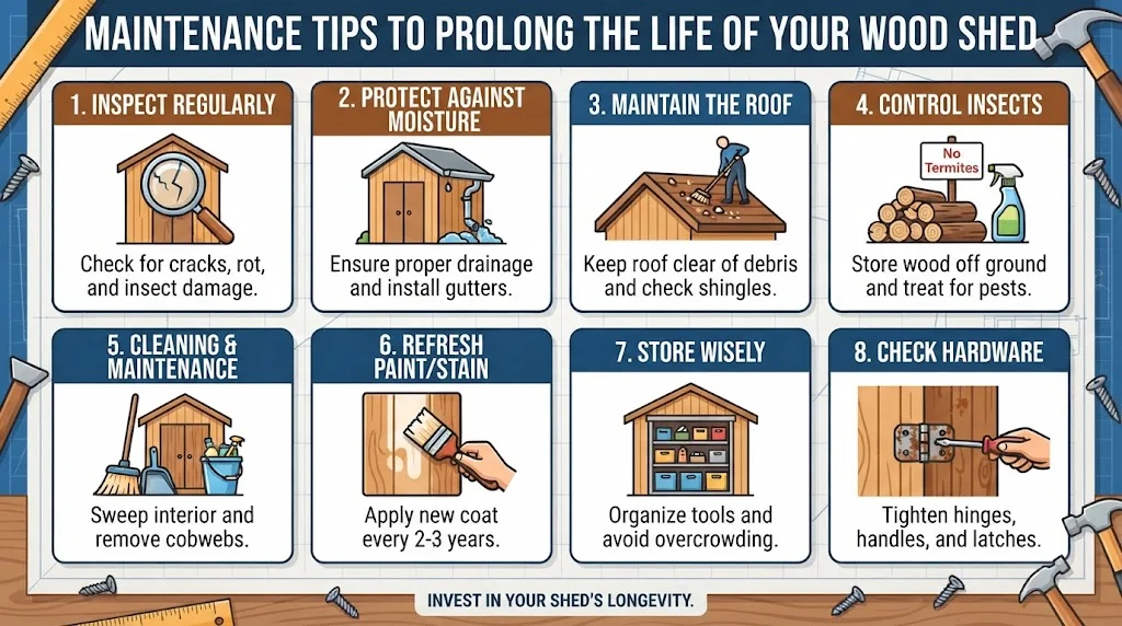 An infographic providing eight maintenance tips to prolong the life of a wood shed, each with an illustrated icon and description.