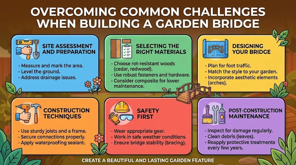 An infographic showing six key steps to overcome common challenges when building a garden bridge: site assessment, material selection, design, construction techniques, safety, and post-construction maintenance.