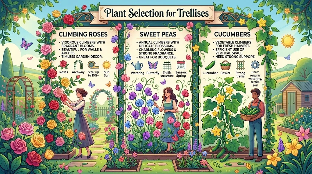 An infographic titled "Plant Selection for Trellises" featuring three sections comparing Climbing Roses, Sweet Peas, and Cucumbers with descriptive text and illustrations for each plant.