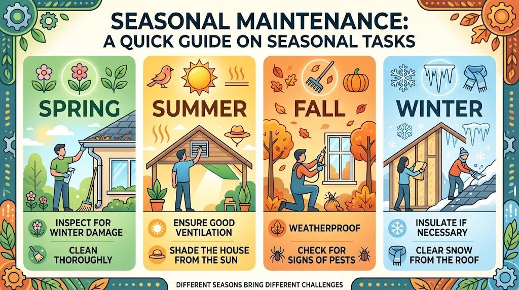 An infographic in a 16:9 ratio presenting a seasonal maintenance guide with four illustrated panels: Spring (cleaning gutters), Summer (ventilation), Fall (weatherproofing), and Winter (roof snow removal), under the title "Seasonal Maintenance: A Quick Guide on Seasonal Tasks."