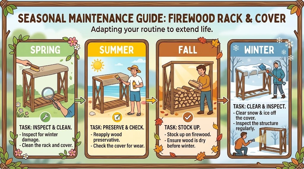 Seasonal maintenance guide infographic for a firewood rack and cover, outlining specific tasks across four panels for Spring (inspect and clean), Summer (preserve and check), Fall (stock up), and Winter (clear and inspect).