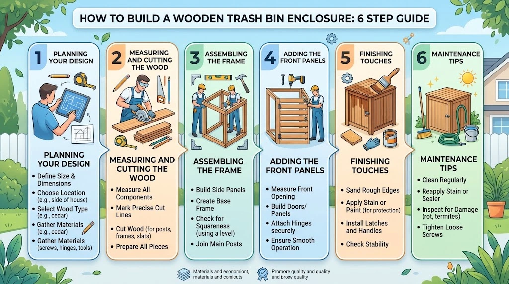 Infographic outlining a 6-step guide on how to build a wooden trash bin enclosure, from planning to maintenance.