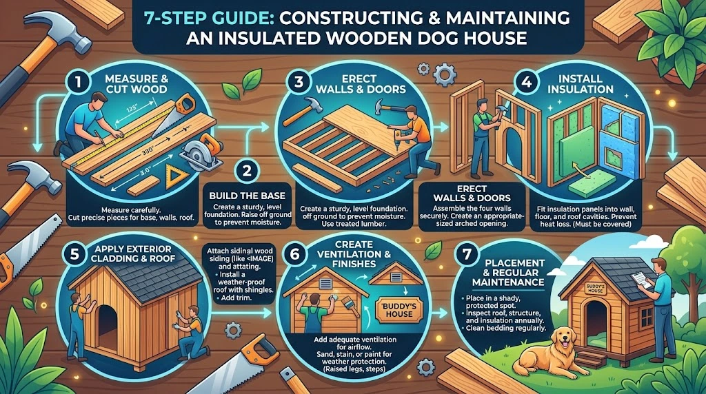 A seven-step infographic guide for constructing an insulated wooden dog house: measuring wood, assembling walls, adding insulation, constructing the roof, creating a doorway, and final touches