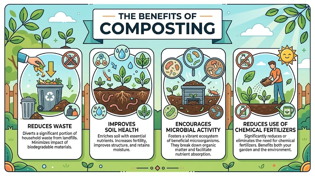 Infographic highlighting eight benefits of a three-bay compost bin system for gardens, including improved aeration, space savings, and earth-friendly practices.