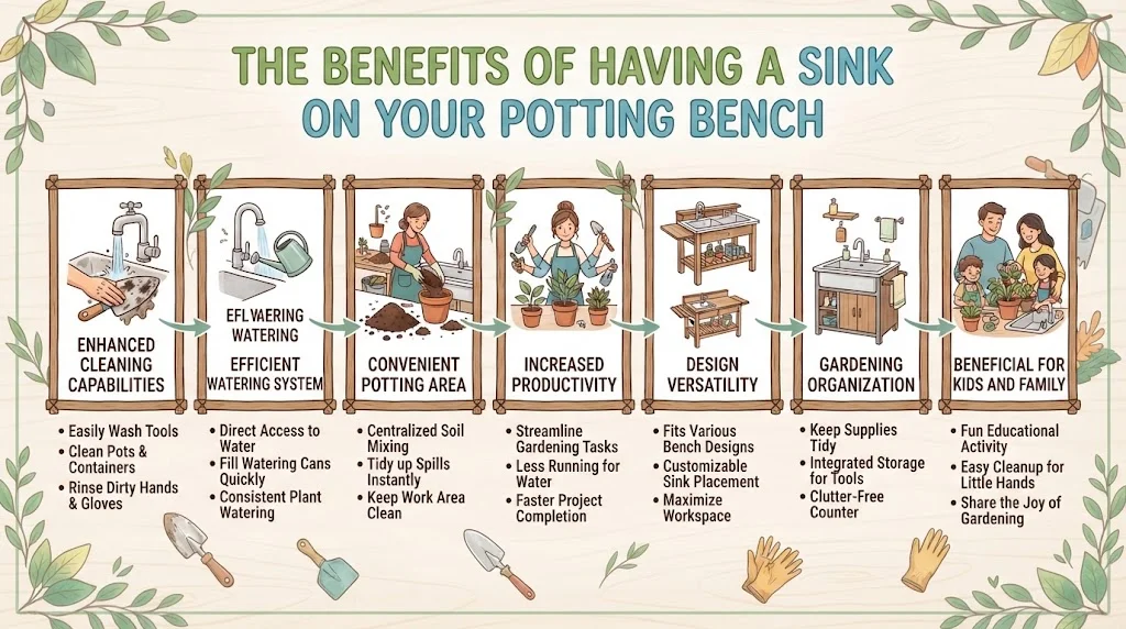 A seven-panel horizontal infographic titled "THE BENEFITS OF HAVING A SINK ON YOUR POTTING BENCH". Each panel has an icon or illustration, a title, and bulleted benefits