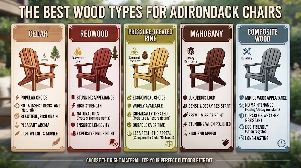 An infographic titled "The Best Wood Types for Adirondack Chairs" with five vertical panels comparing Cedar, Redwood, Pressure-Treated Pine, Mahogany, and Composite Wood, each featuring a chair illustration and key properties.