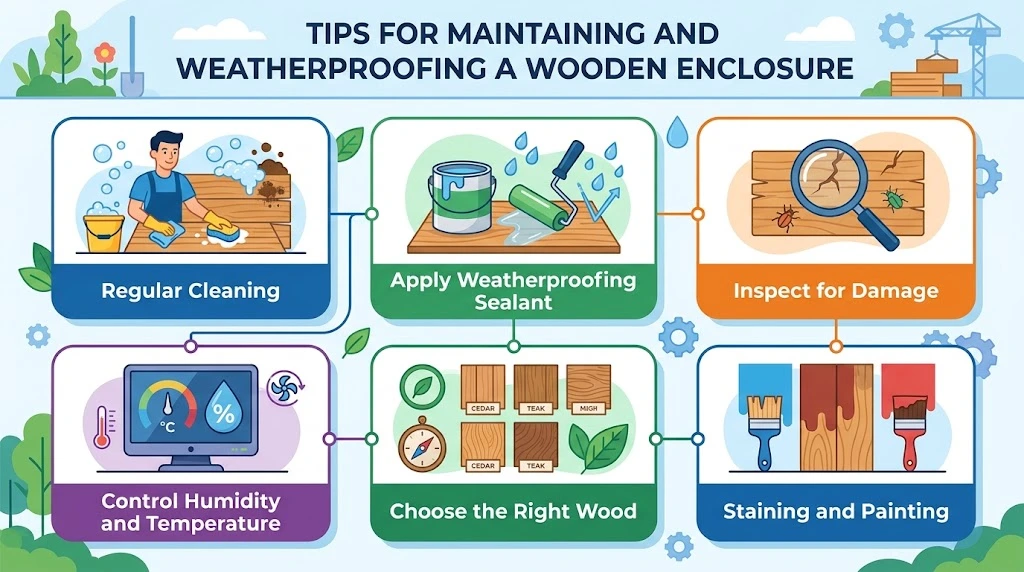 Infographic displaying six essential tips for maintaining and weatherproofing a wooden enclosure, including cleaning, sealing, inspecting, controlling humidity, selecting wood, and painting.