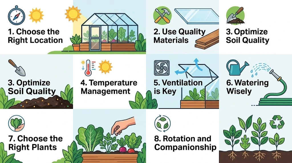 An infographic illustrating eight key tips for maximizing plant growth in a cold frame greenhouse, including site selection, soil quality, and temperature management.