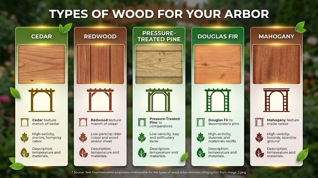 An infographic showing five types of wood for a garden arbor: Cedar, Redwood, Pressure-Treated Pine, Douglas Fir, and Mahogany.