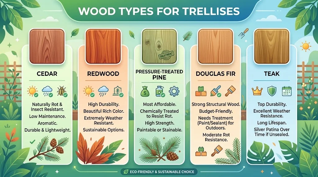 An infographic titled "WOOD TYPES FOR TRELLISES" comparing Cedar, Redwood, Pressure-Treated Pine, Douglas Fir, and Teak with wood swatch visuals, key icons, and main features for each type.